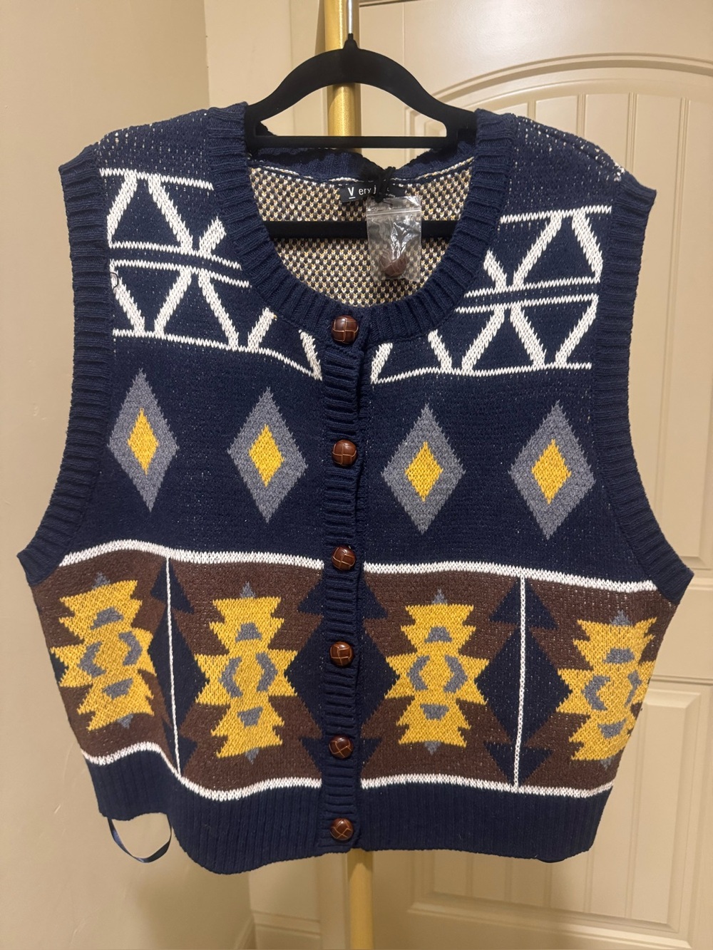 Very J Navy Geometric Button-Up Knit Vest with Yellow & Brown Accents